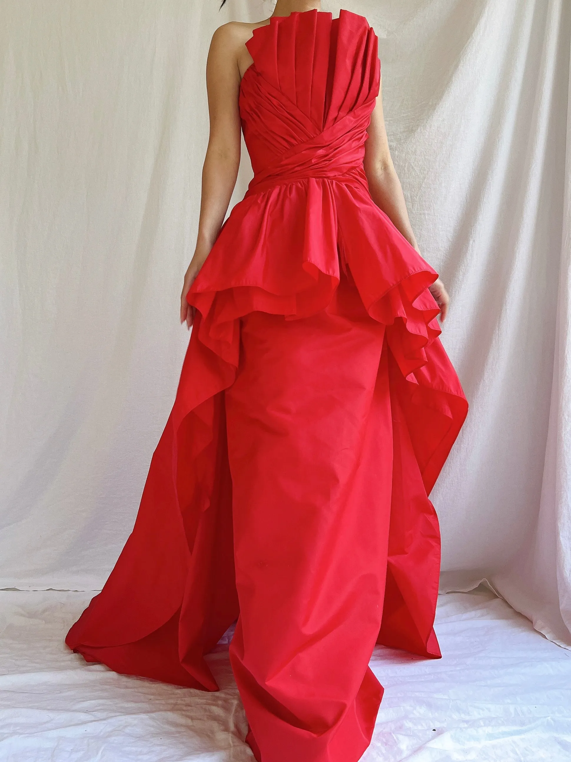 Vintage Victor Costa Rose Red Pleated Column Gown - M