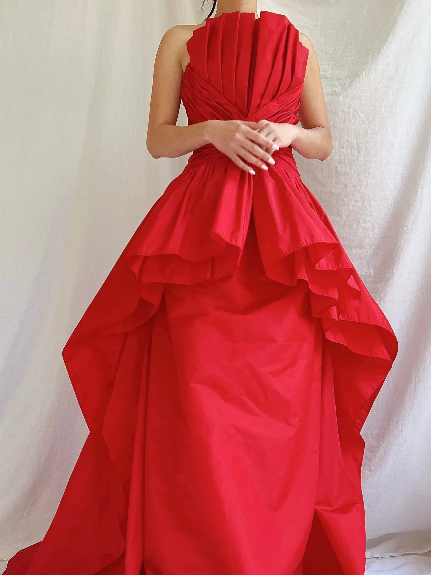 Vintage Victor Costa Rose Red Pleated Column Gown - M