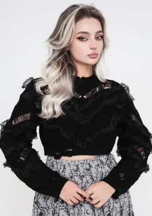 Volla Lace Ruffle Distressed Knit Crop Jumper