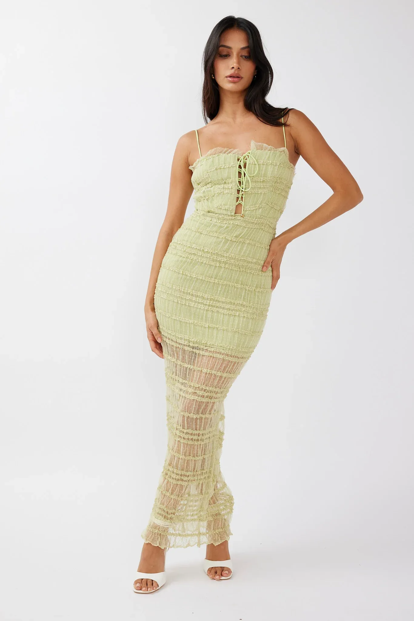 Wander & Roam Frill Trim Lace Dress Matcha
