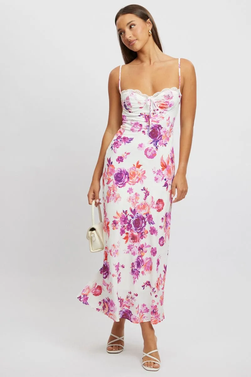 White Floral Maxi Dress Back Tie Satin