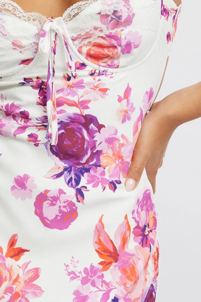 White Floral Maxi Dress Back Tie Satin