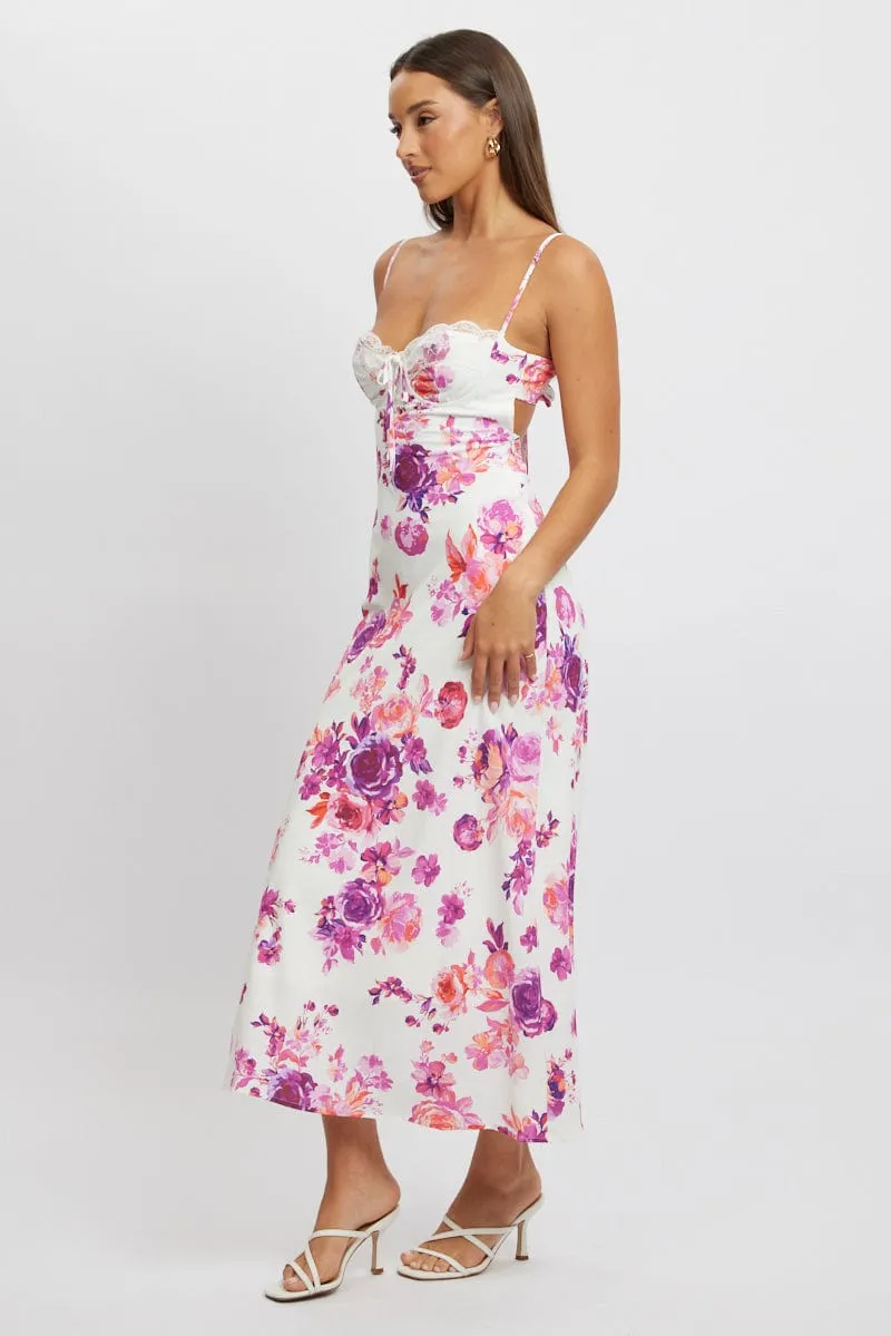 White Floral Maxi Dress Back Tie Satin