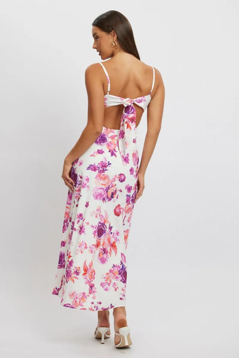 White Floral Maxi Dress Back Tie Satin
