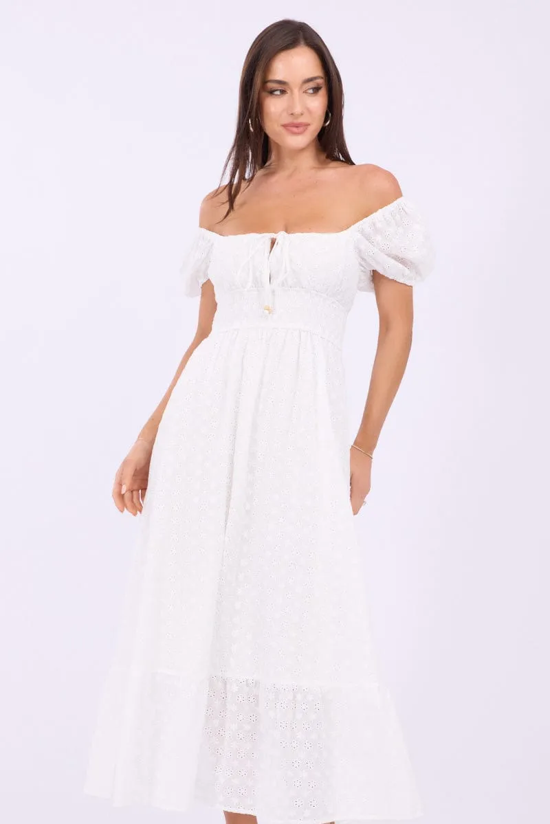 White Maxi Dress Puff Sleeve Eyelet Fabric