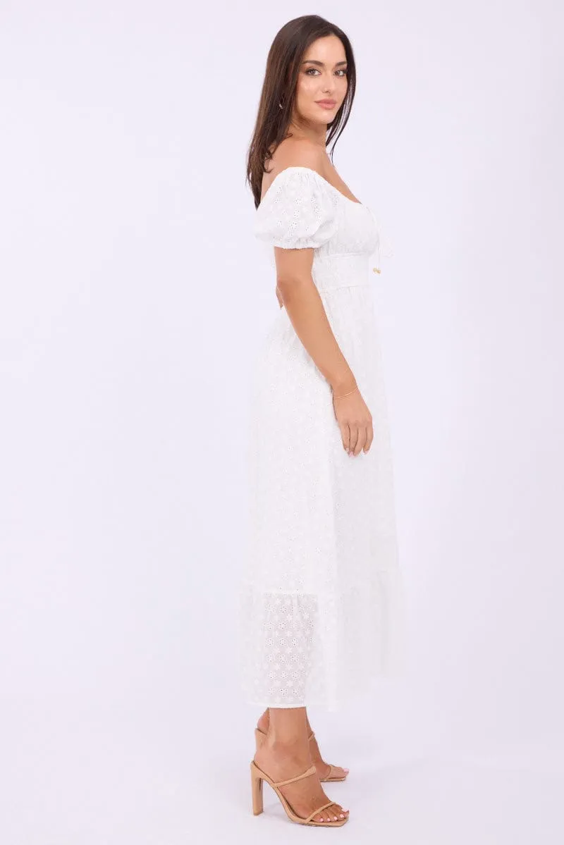White Maxi Dress Puff Sleeve Eyelet Fabric