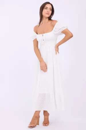White Maxi Dress Puff Sleeve Eyelet Fabric