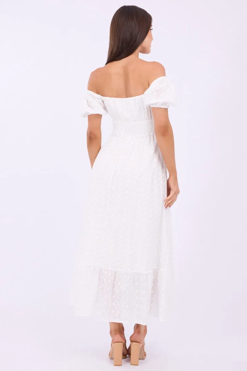 White Maxi Dress Puff Sleeve Eyelet Fabric