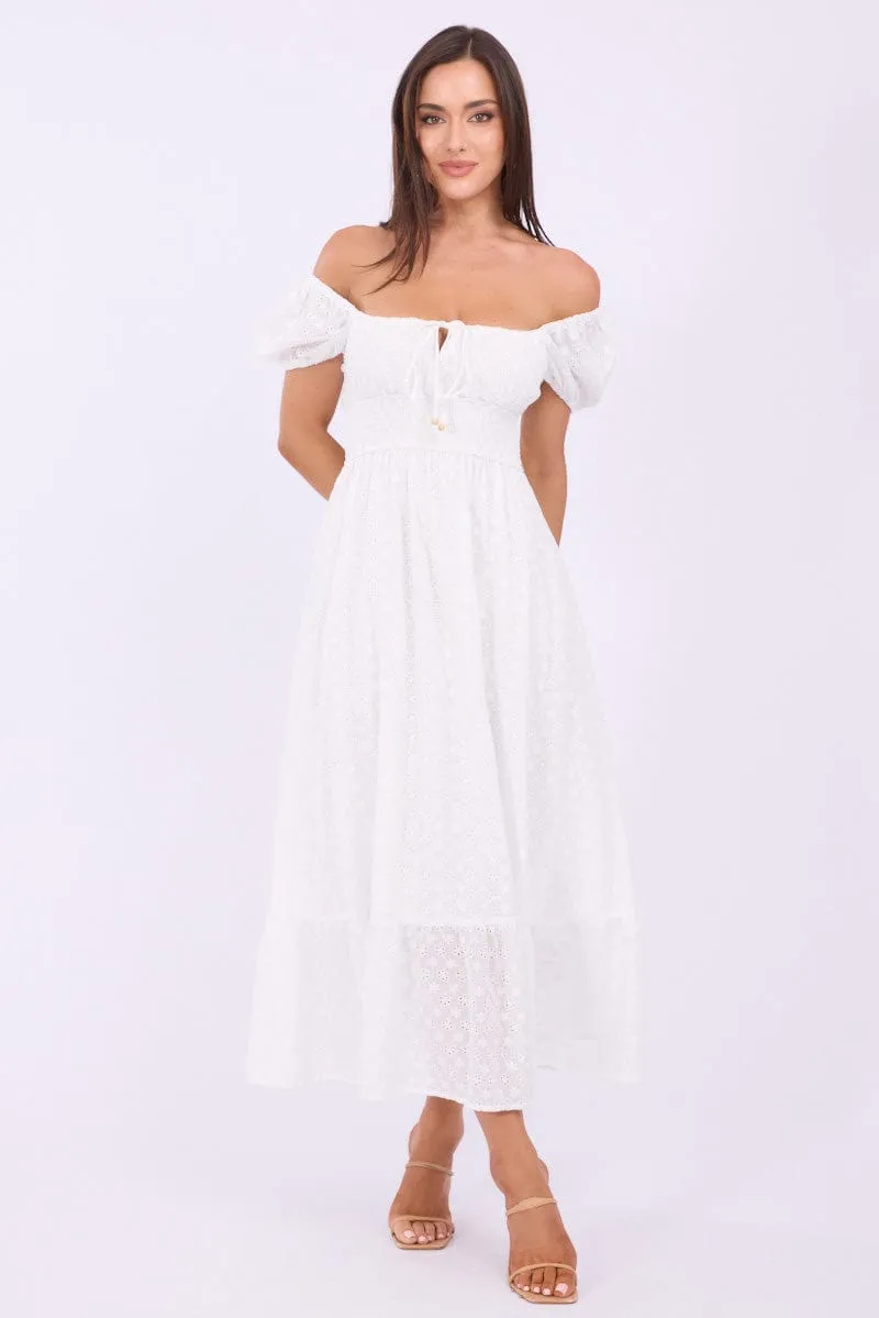 White Maxi Dress Puff Sleeve Eyelet Fabric