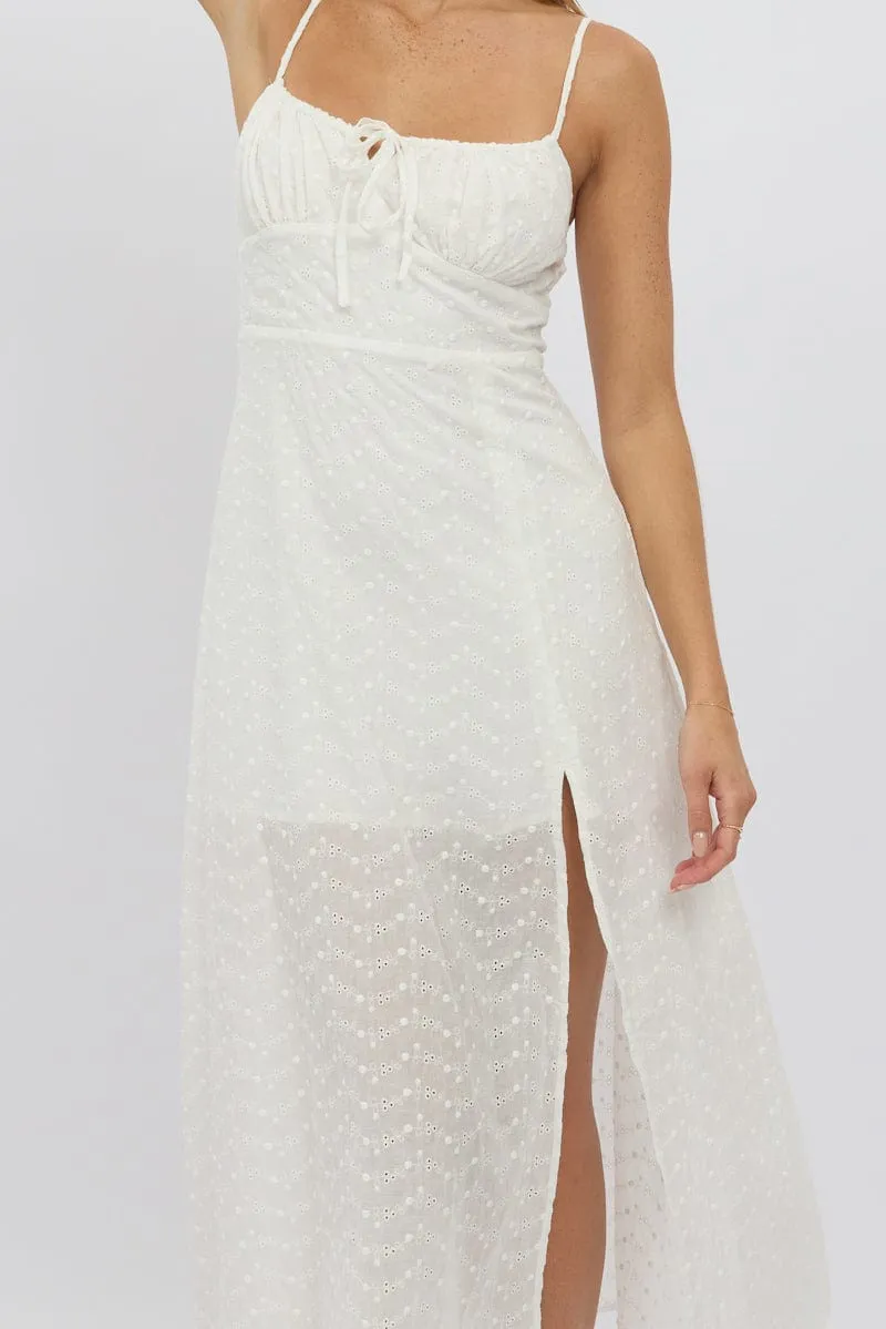 White Midi Dress Gathered Bust Eyelet Fabric