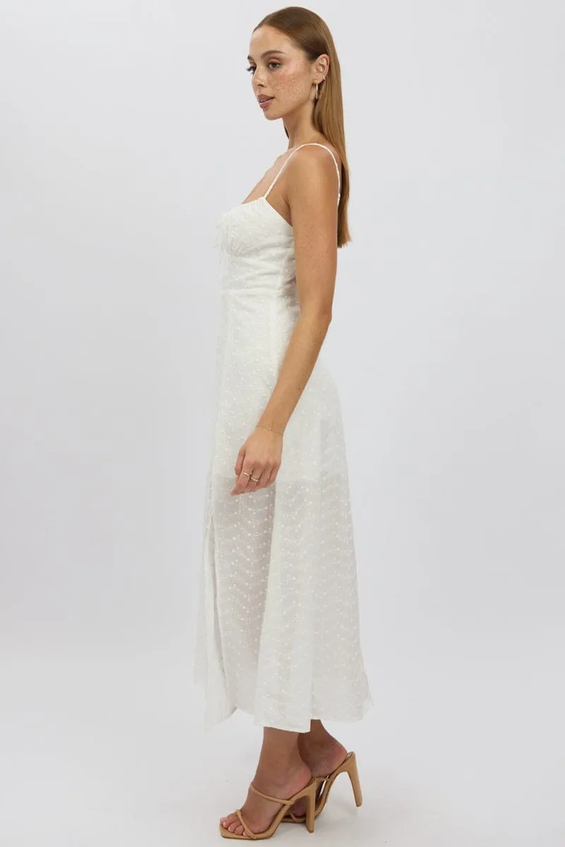 White Midi Dress Gathered Bust Eyelet Fabric