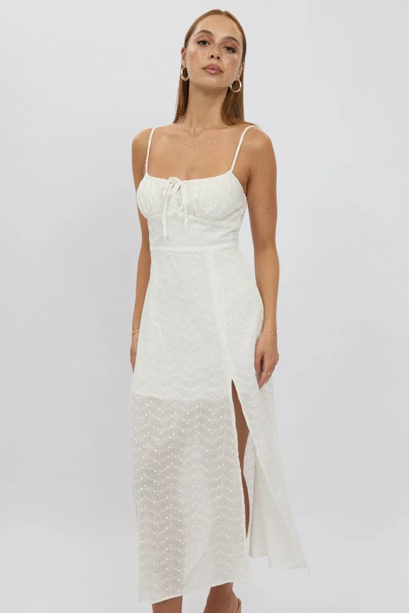 White Midi Dress Gathered Bust Eyelet Fabric