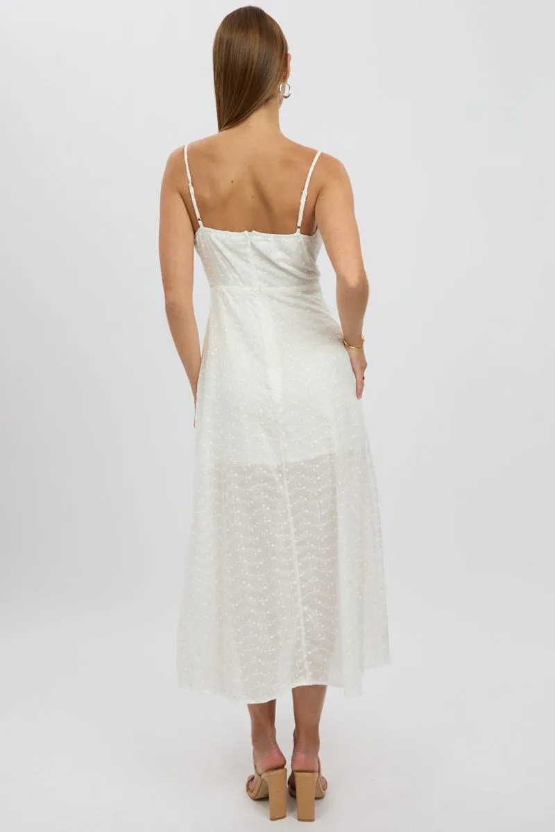 White Midi Dress Gathered Bust Eyelet Fabric
