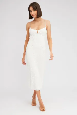 White Midi Dress Gathered Bust Eyelet Fabric