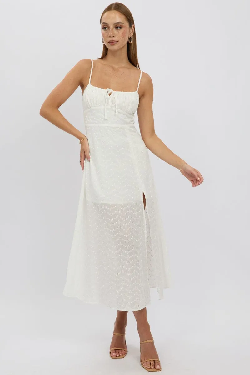 White Midi Dress Gathered Bust Eyelet Fabric