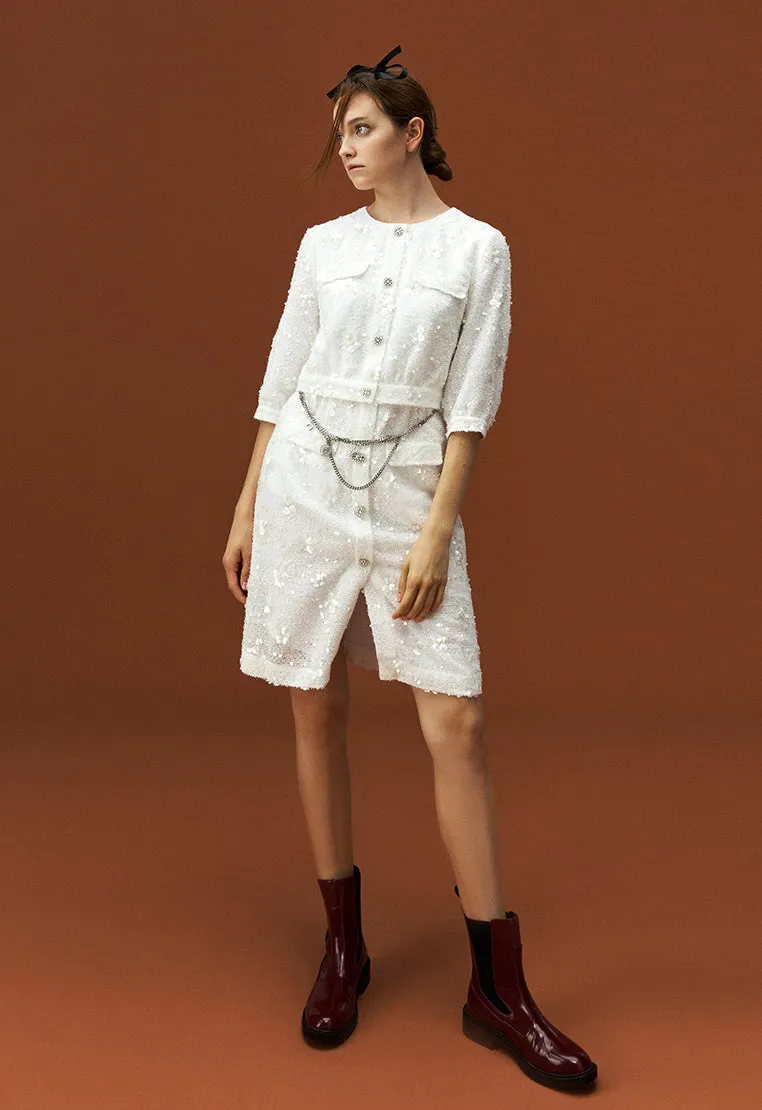 White Tweed Sequin and Bead Detailing Dress with Chain Belt