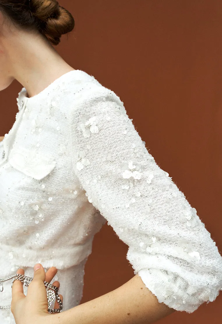 White Tweed Sequin and Bead Detailing Dress with Chain Belt