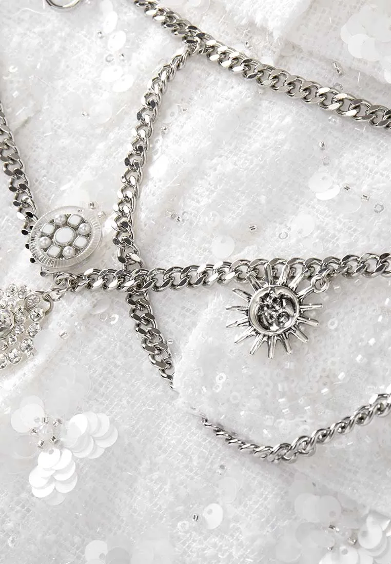 White Tweed Sequin and Bead Detailing Dress with Chain Belt