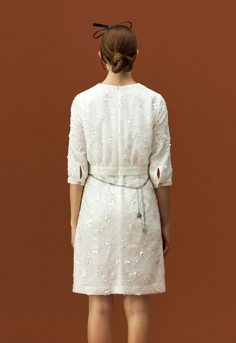 White Tweed Sequin and Bead Detailing Dress with Chain Belt