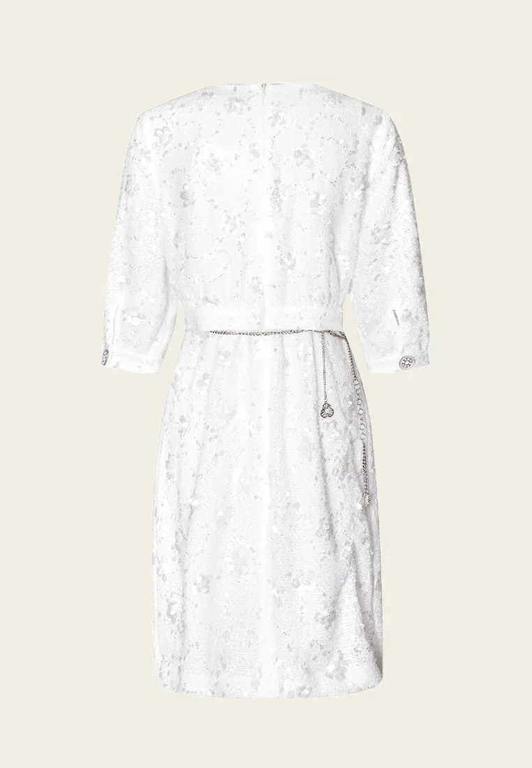 White Tweed Sequin and Bead Detailing Dress with Chain Belt