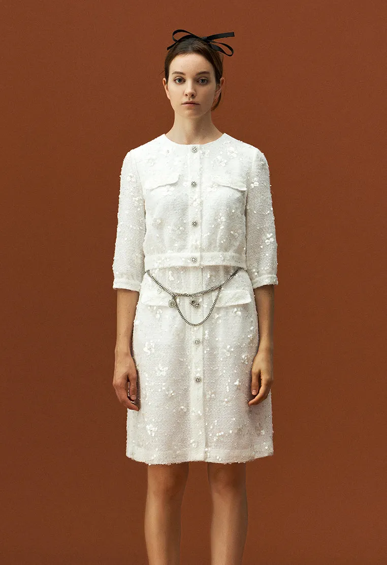 White Tweed Sequin and Bead Detailing Dress with Chain Belt