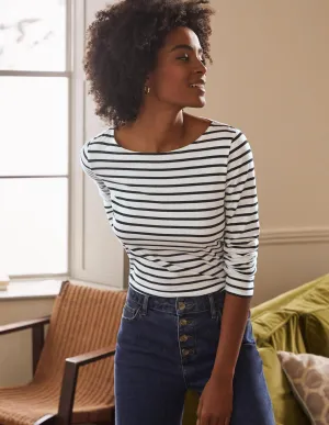 White/Black Long Sleeve Cotton Breton Top-Ivory / Black Stripe