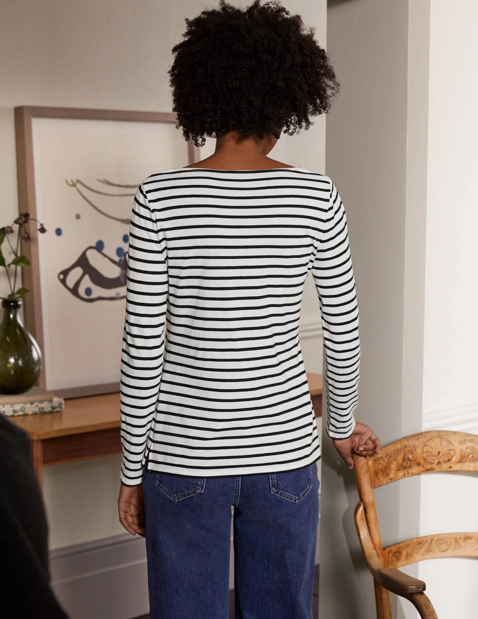 White/Black Long Sleeve Cotton Breton Top-Ivory / Black Stripe
