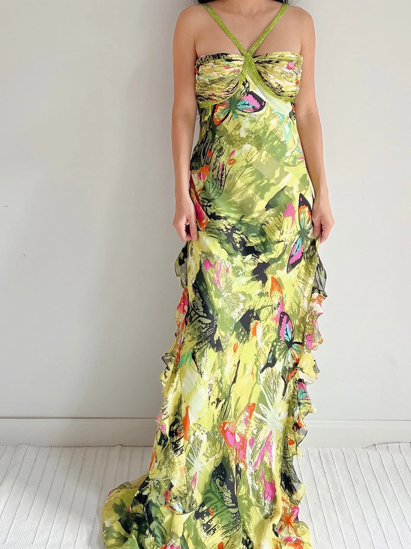 Y2K Silk Halter Butterfly Gown - M