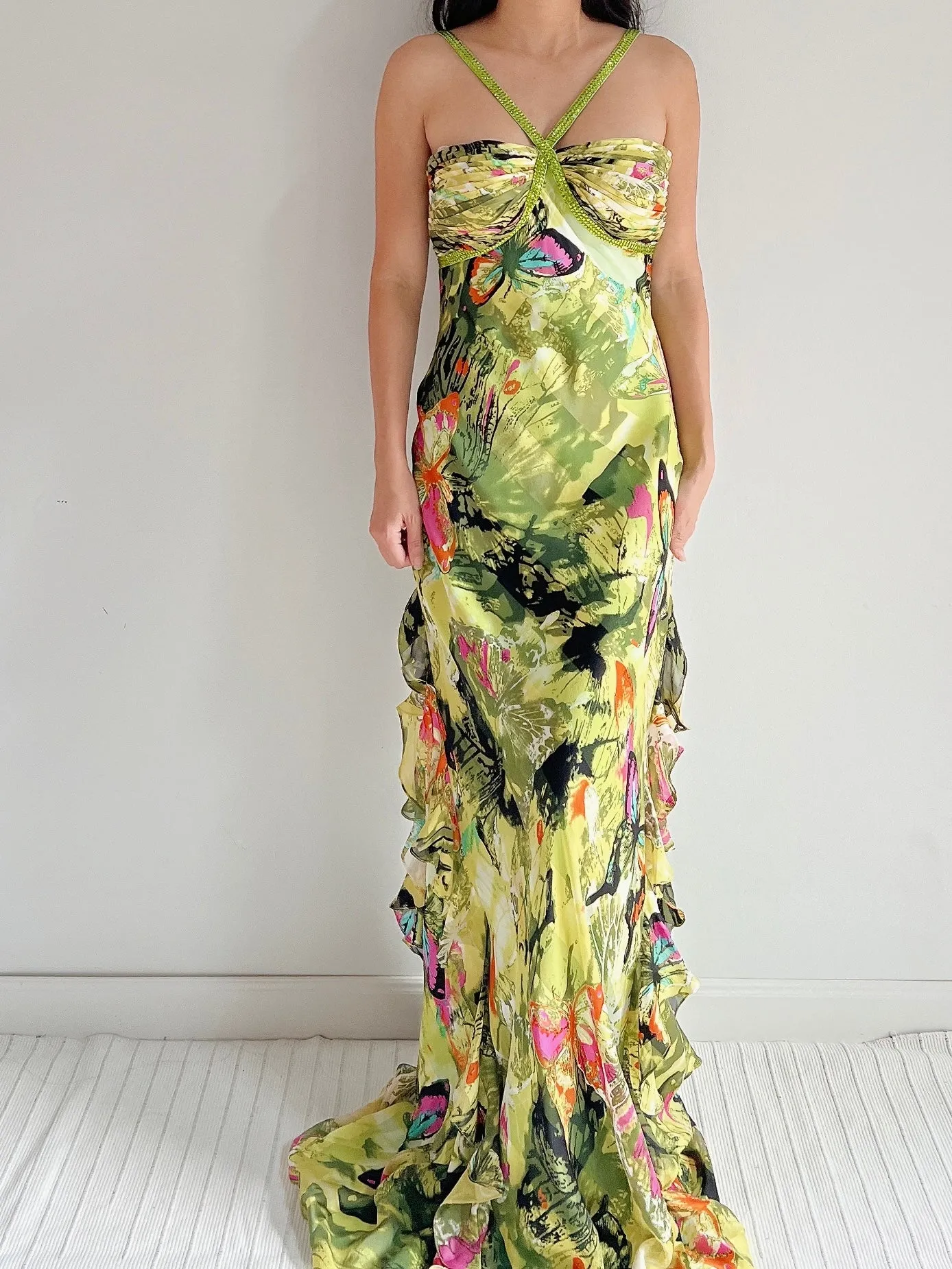 Y2K Silk Halter Butterfly Gown - M