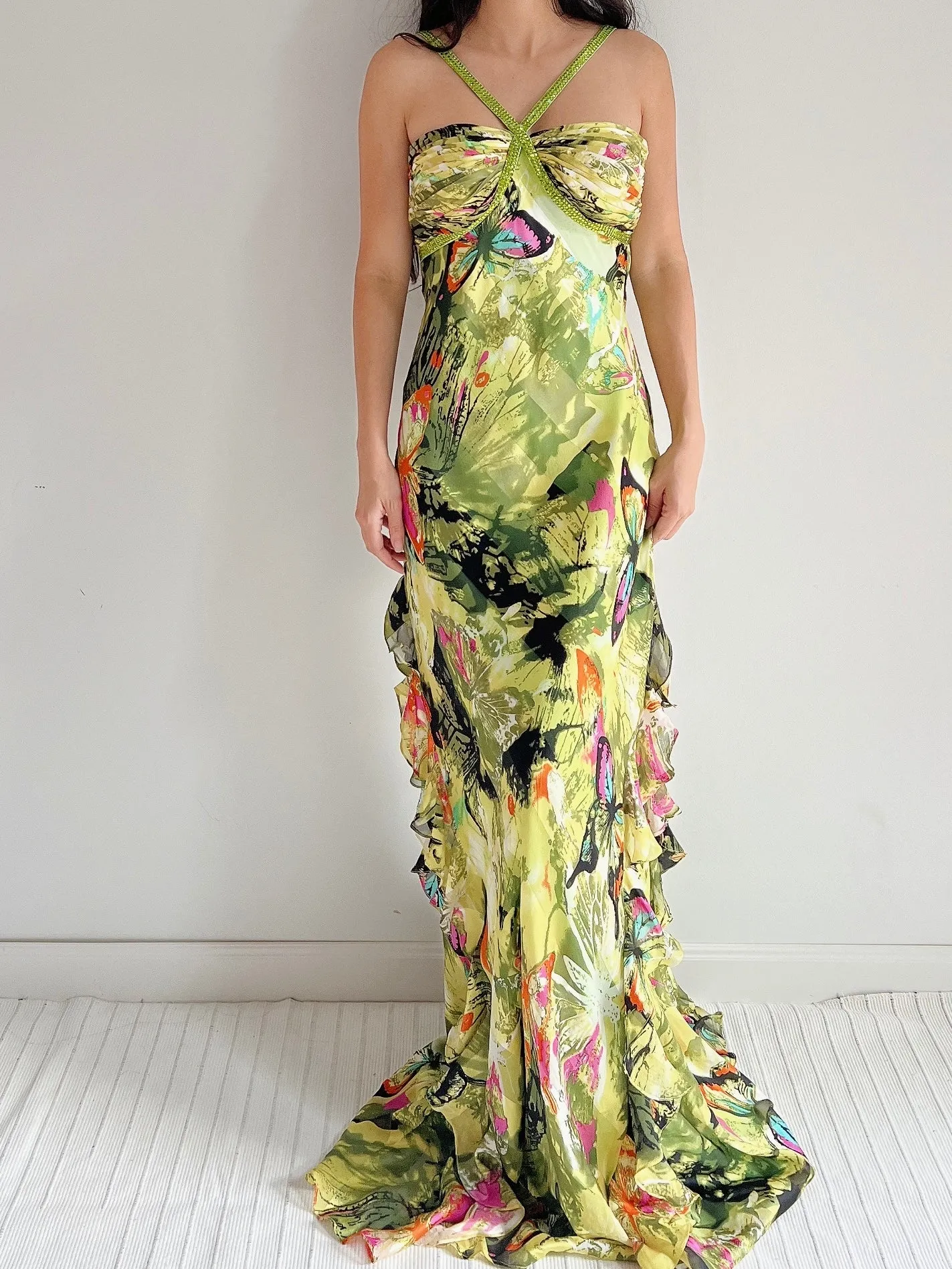 Y2K Silk Halter Butterfly Gown - M