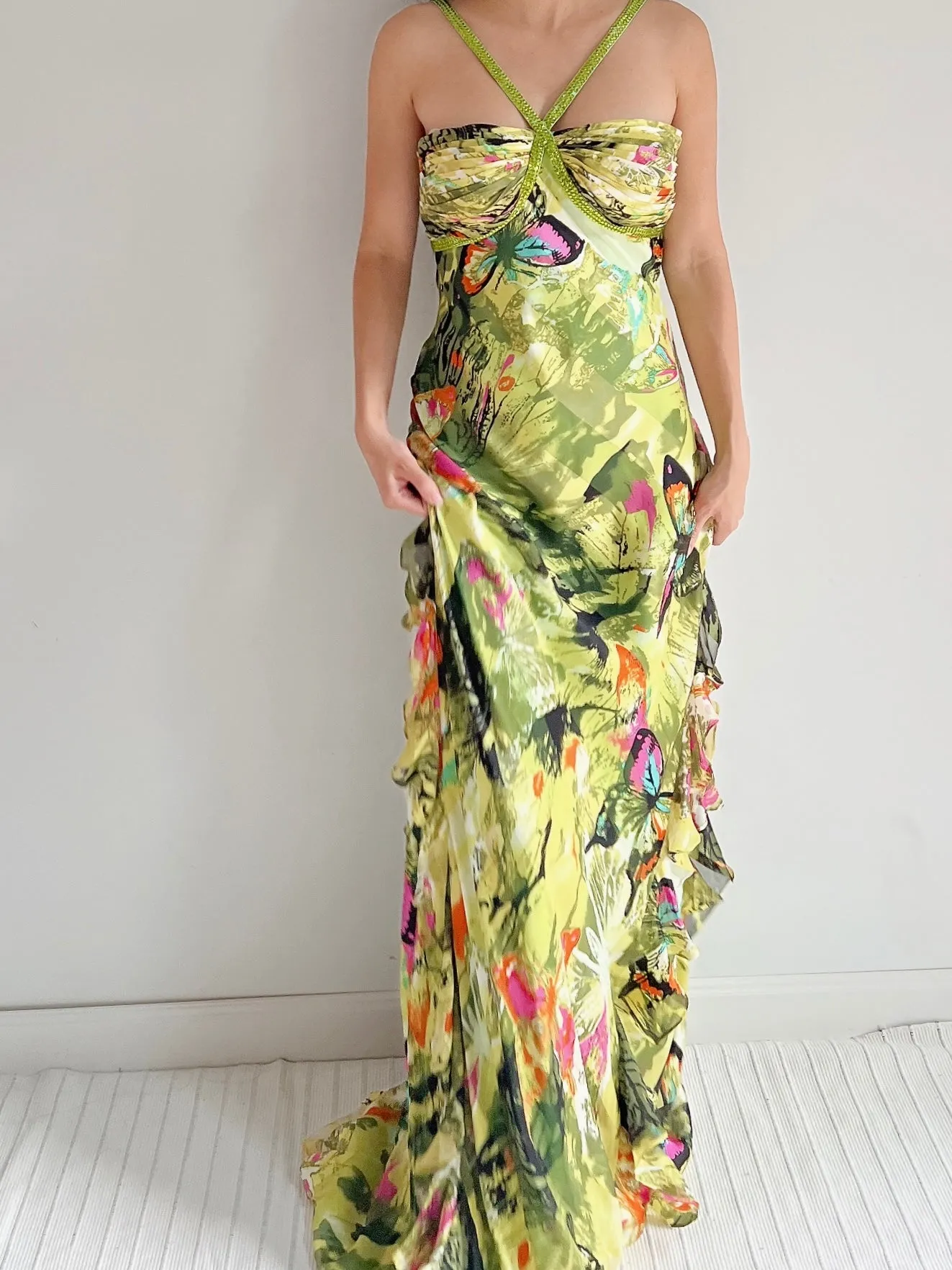 Y2K Silk Halter Butterfly Gown - M