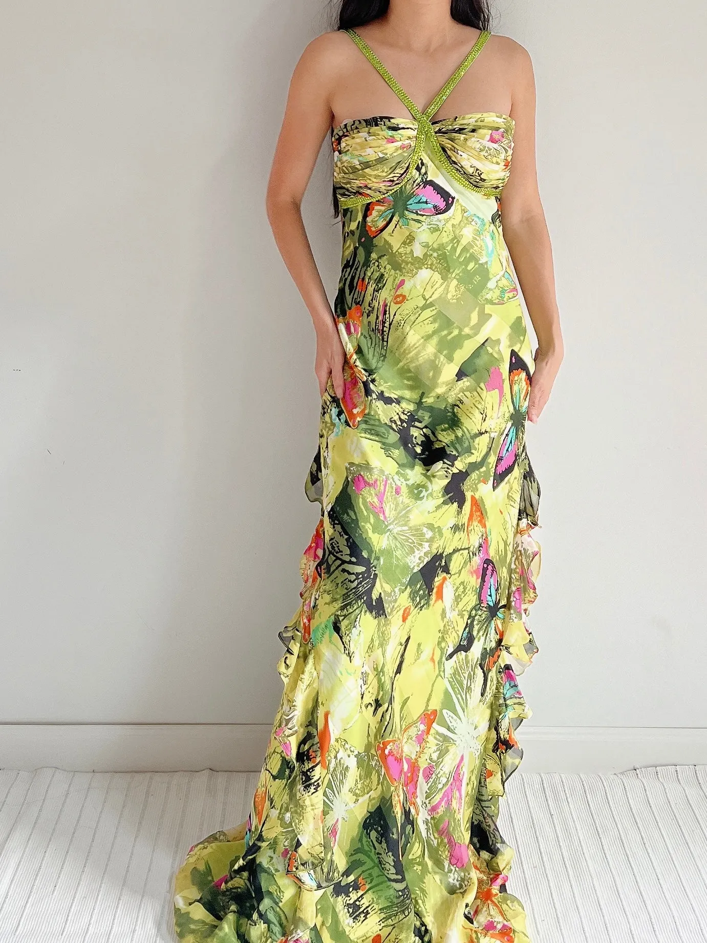 Y2K Silk Halter Butterfly Gown - M