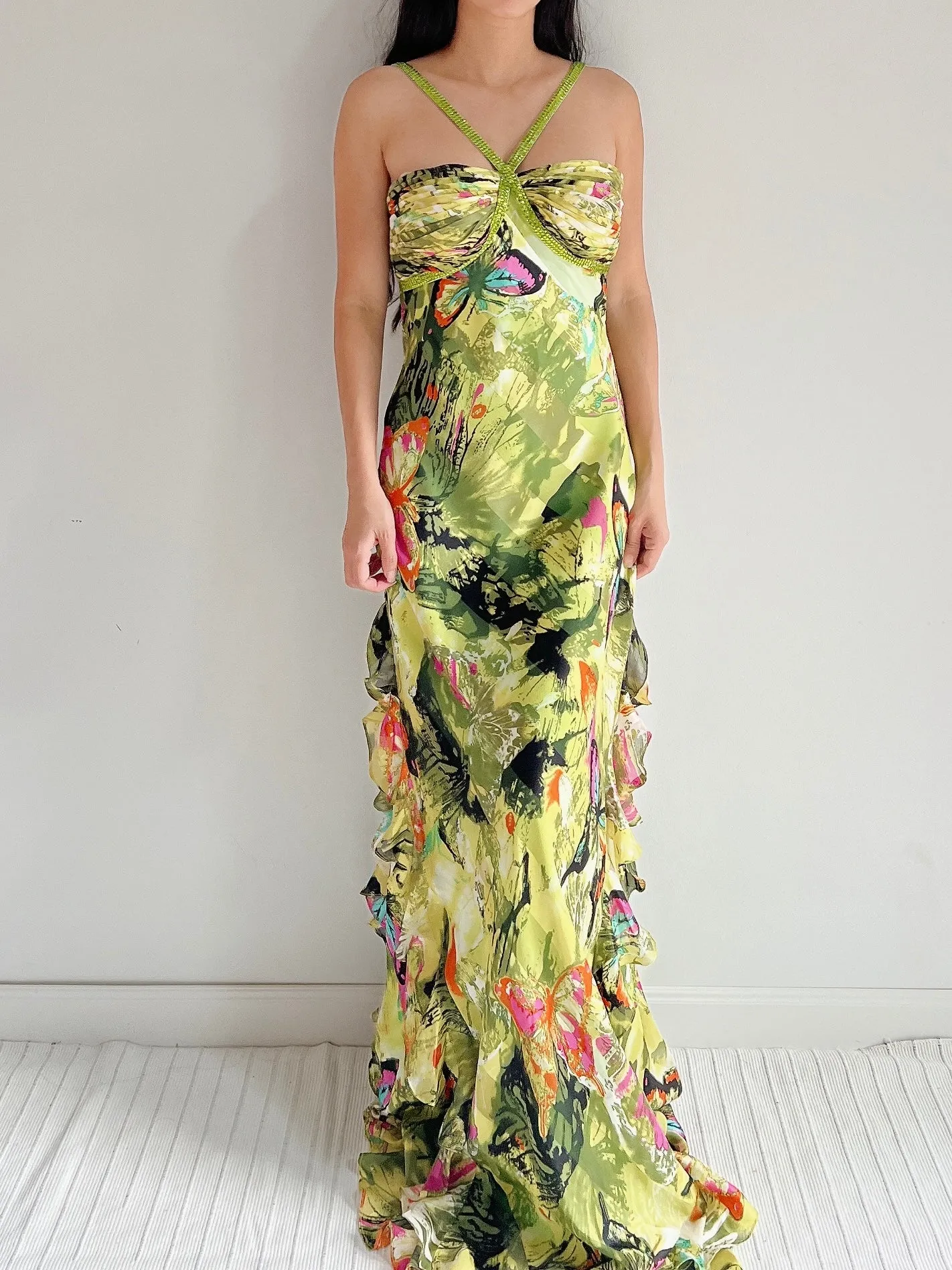 Y2K Silk Halter Butterfly Gown - M