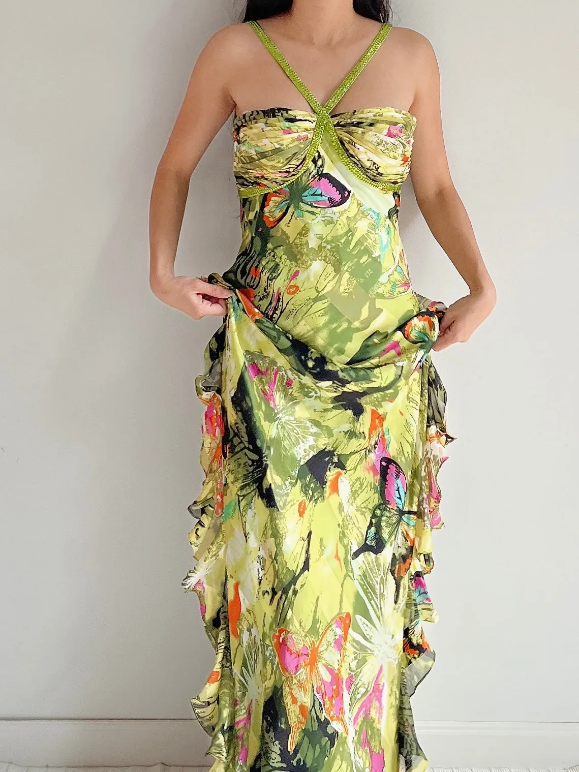 Y2K Silk Halter Butterfly Gown - M