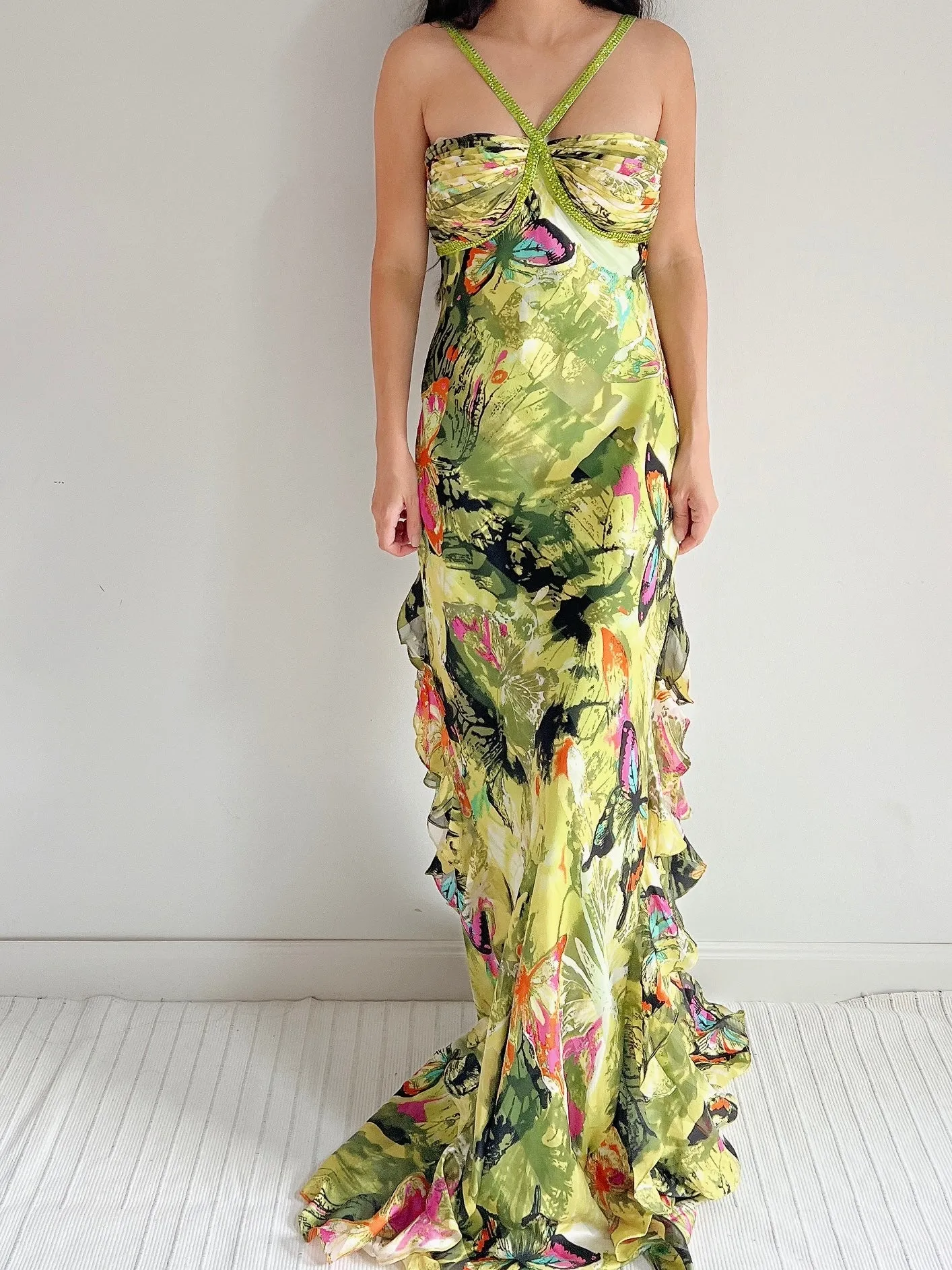 Y2K Silk Halter Butterfly Gown - M