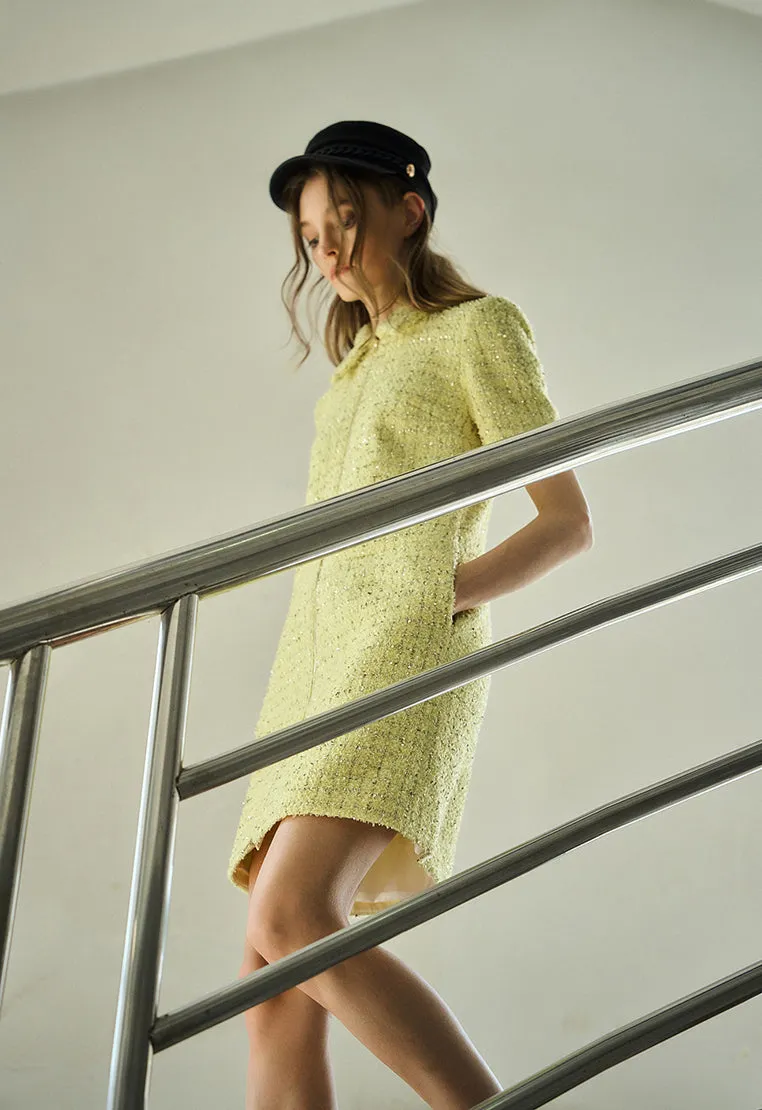 Yellow Short Sleeve Zip Up Front Tweed Dress