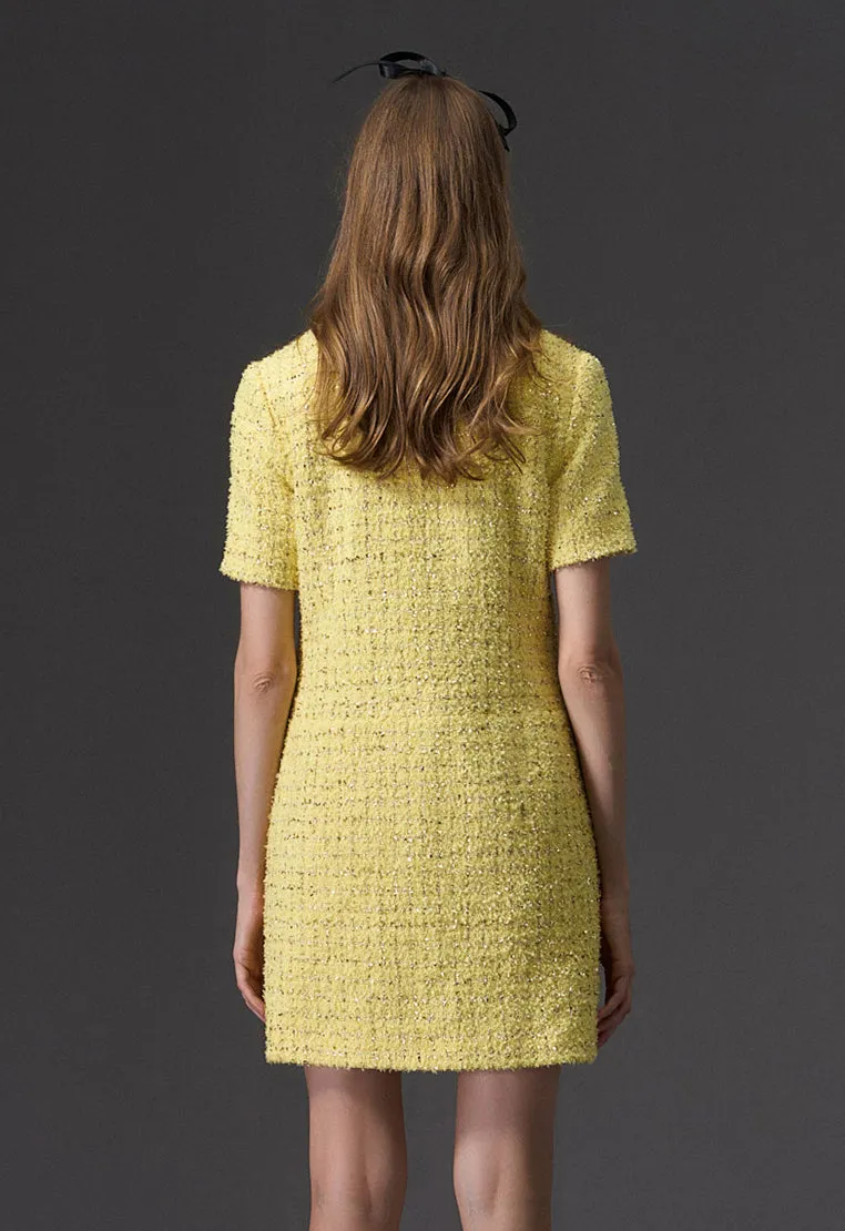 Yellow Short Sleeve Zip Up Front Tweed Dress