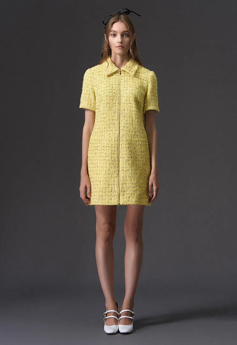 Yellow Short Sleeve Zip Up Front Tweed Dress