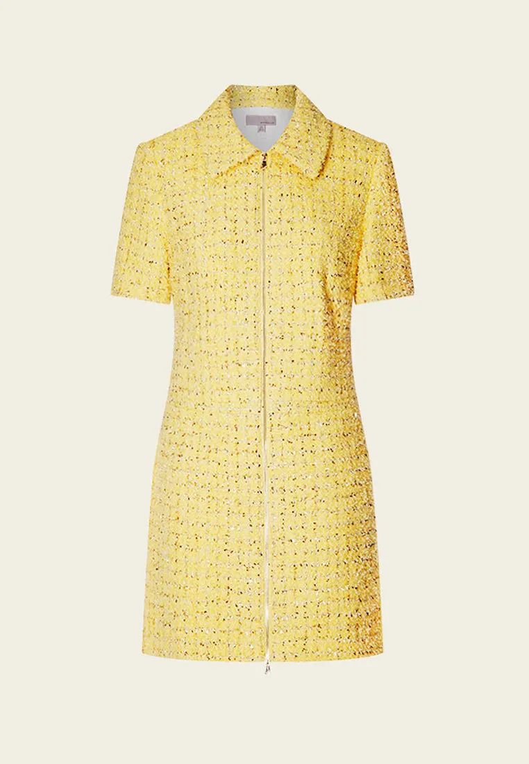 Yellow Short Sleeve Zip Up Front Tweed Dress