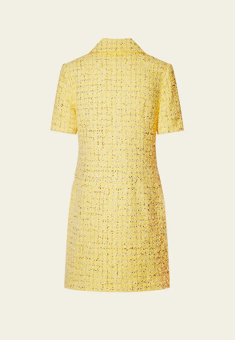 Yellow Short Sleeve Zip Up Front Tweed Dress