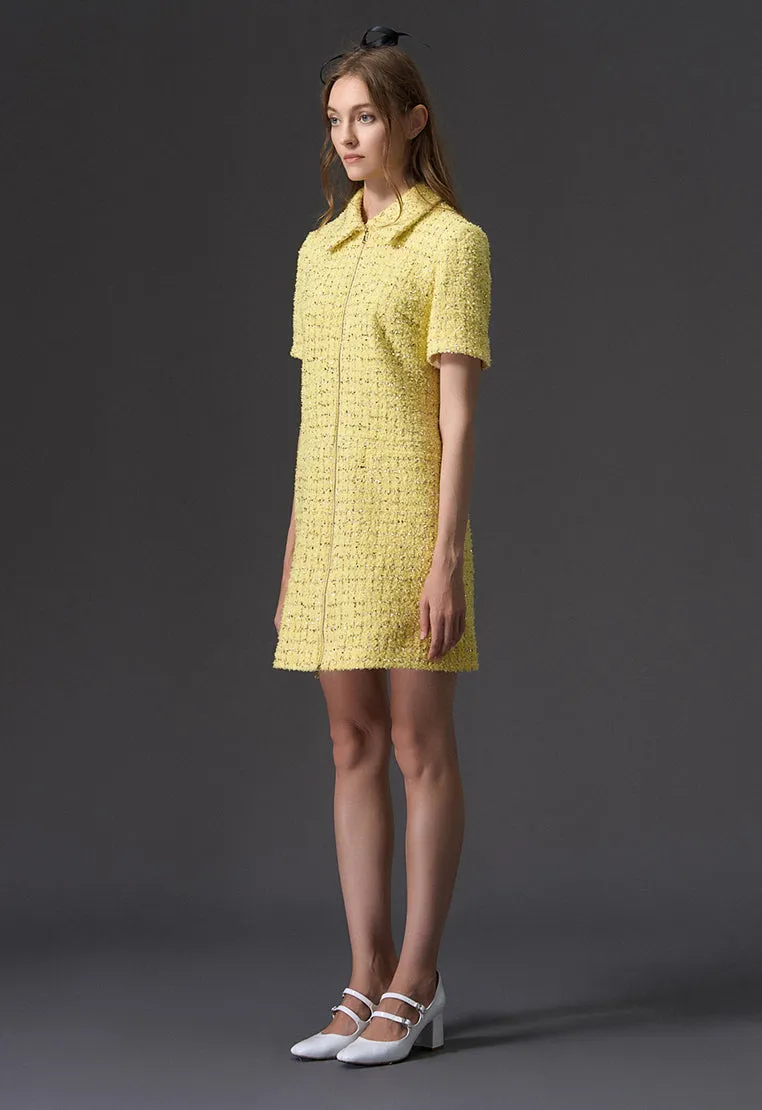 Yellow Short Sleeve Zip Up Front Tweed Dress